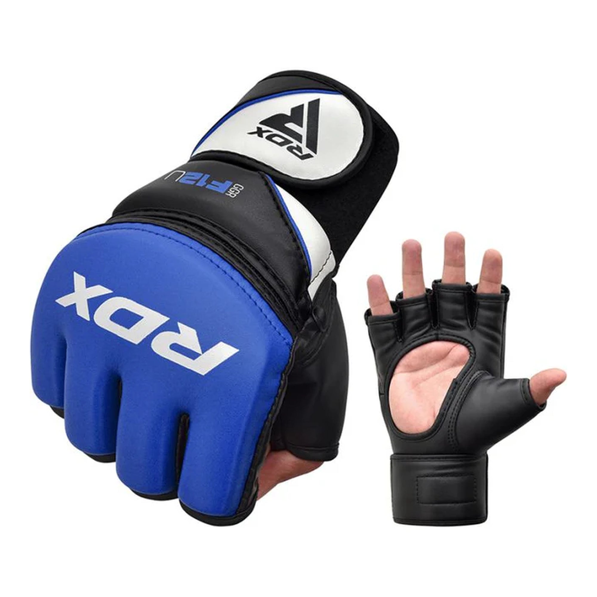 RDX F12U MMA Grappling Gloves – Blue/Black | Maya Hide™ Leather | PC-3™ Shock-Diffusing Padding | Open Palm Design | Training & Sparring MMA Gloves for Striking & Grappling