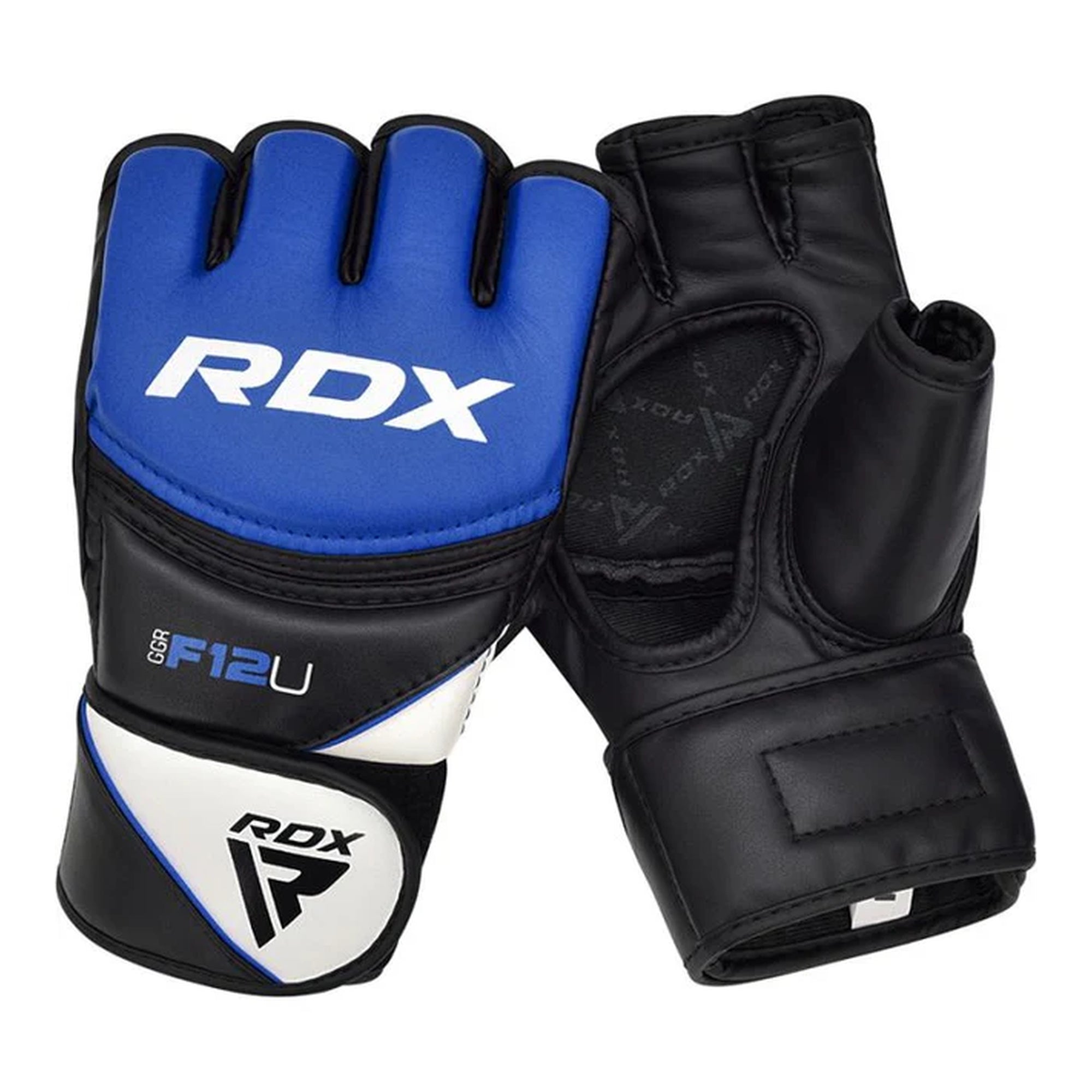 RDX F12U MMA Grappling Gloves – Blue/Black | Maya Hide™ Leather | PC-3™ Shock-Diffusing Padding | Open Palm Design | Training & Sparring MMA Gloves for Striking & Grappling