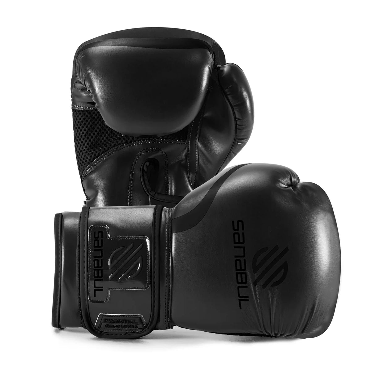 Sanabul Essential Gel Boxing Gloves – All Black | Gel-Infused Impact Protection | Engineered Leather | Ventilated Mesh Palm | Boxing, Kickboxing, MMA & Heavy Bag Training Gloves