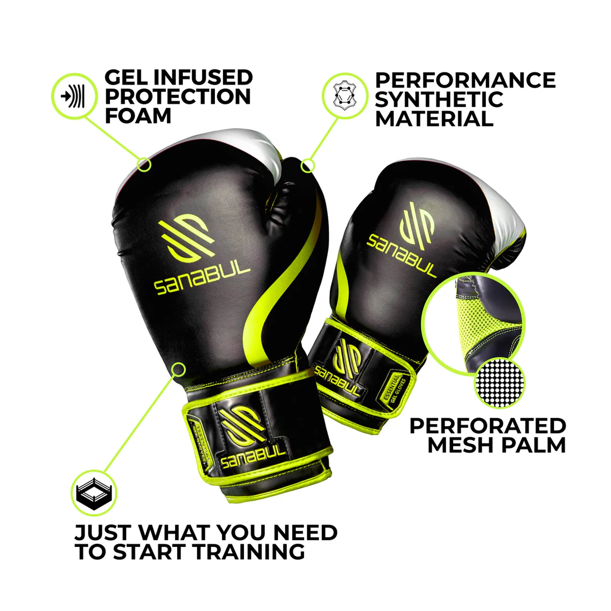 Sanabul Essential Gel Boxing Gloves – Black/Neon Green | Gel-Infused Impact Protection | Engineered Leather | Ventilated Mesh Palm | Boxing, Kickboxing, MMA & Heavy Bag Training Gloves